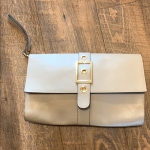 Alberta Di Canio Cream Leather Wristlet Clutch with Gold-Tone Buckle Detail